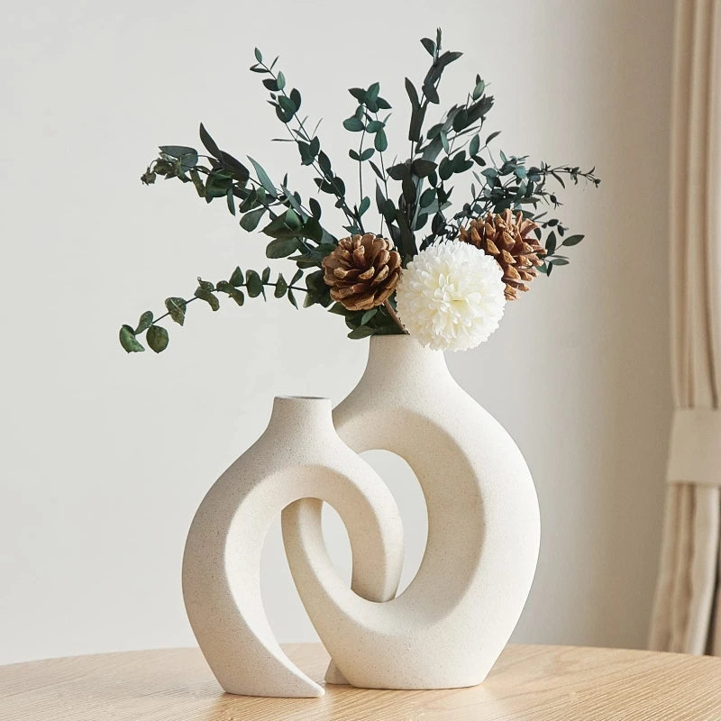 Hollow Nordic Modern Ceramic Vase Set of 2 for Modern Home Decor,Plastic imitation ceramic Hollow Flower Vases for Living Room