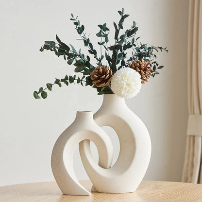 Hollow Nordic Modern Ceramic Vase Set of 2 for Modern Home Decor,Plastic imitation ceramic Hollow Flower Vases for Living Room