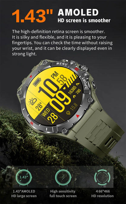 Military GPS Smart Watch Men AMOLED HD Screen Altitude Compass Heart Rate Sports Watch BT Calling IP68&10ATM Waterproof Watch
