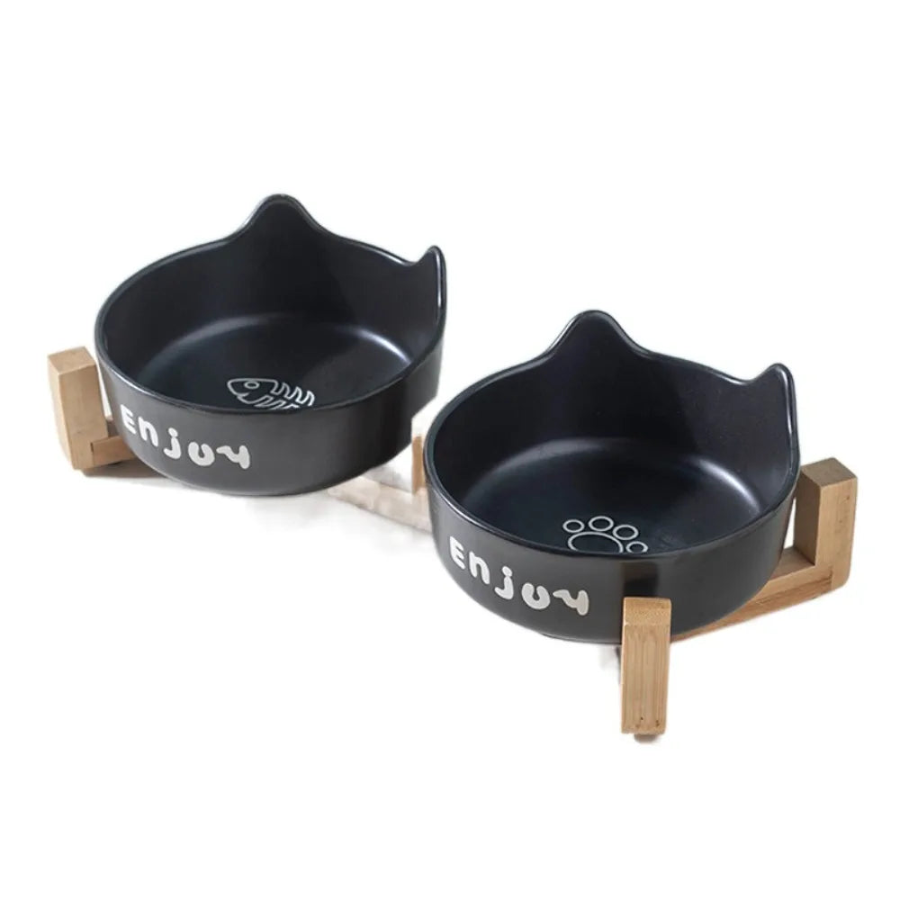 Ceramic Pet Bowl Cute Single/Double Bowl Dog Food Feeding Basin Large Capacity with Rack Pet Drinking Feeder Neck Protection