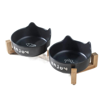 Ceramic Pet Bowl Cute Single/Double Bowl Dog Food Feeding Basin Large Capacity with Rack Pet Drinking Feeder Neck Protection