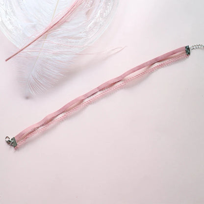 Fashion Women's Choker Necklace Lovely Gothic Pink Lace Pearl Pendant Elastic Short Clavicle Necklace Jewelry Gift For Girls