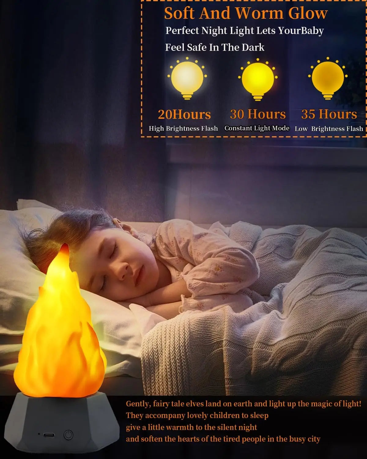 Flickering Flame Lamp USB Rechargeable 3D Fake Fire Night Light Realistic Flame Effect Halloween Camp Home Garden Decoration