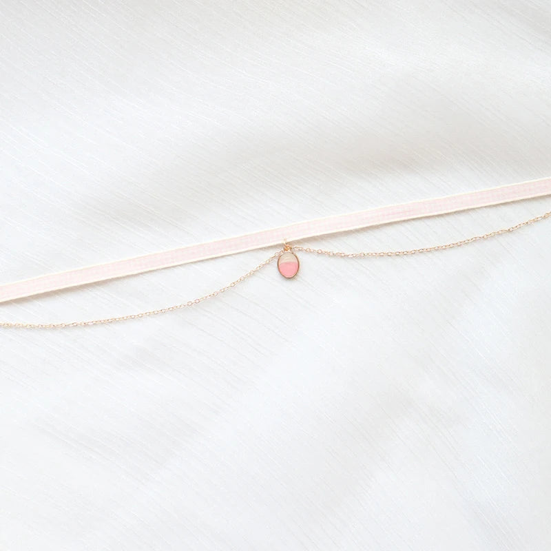 Fashion Women's Choker Necklace Lovely Gothic Pink Lace Pearl Pendant Elastic Short Clavicle Necklace Jewelry Gift For Girls