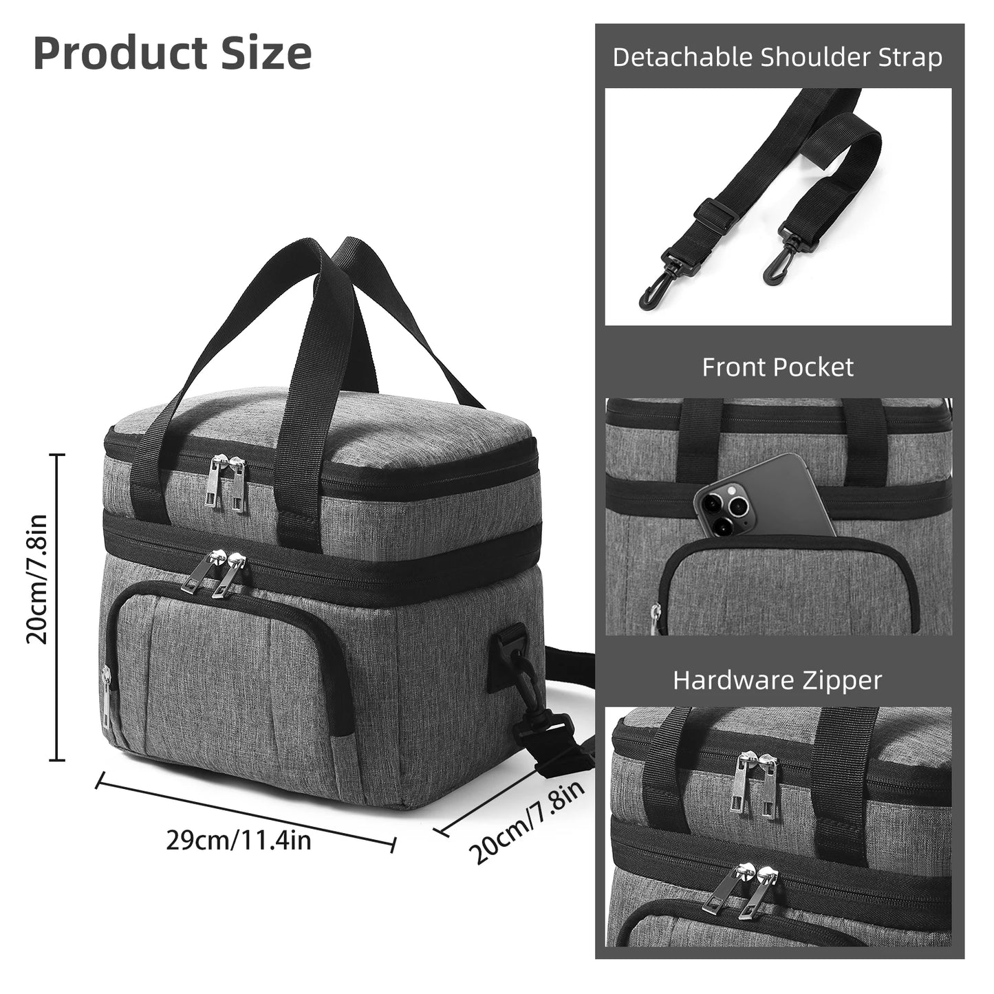 Double Insulated Lunch Bag Layer Portable Thermal Lunch Box Waterproof Picnic Heat Insulating Bag with Adjustable Strap