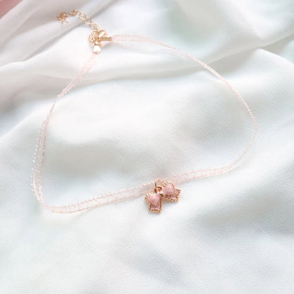 Fashion Women's Choker Necklace Lovely Gothic Pink Lace Pearl Pendant Elastic Short Clavicle Necklace Jewelry Gift For Girls