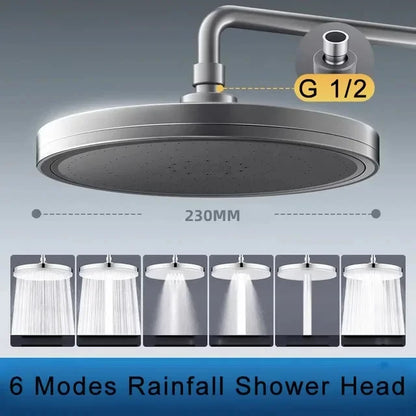 New 230mm Big Panel Showerhead 6 Mode Supercharge Rainfall Shower Head High Pressure Top Rain Shower Faucet Bathroom Accessories