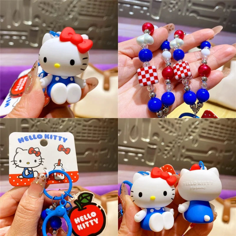 Wholesale Sanrio Keychain Hello Kitty Schoolbag Pendant Kawaii Kt Red Blue White Cartoon Key Kitty Tv Beaded Keyring Girl Gift ﻿