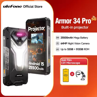 Ulefone Armor 34 Pro 5G AI Rugged Phone 32GB+512GB 25500mAh 6.95" Built-in Projector 120Hz Android 15 MTK 7300 NFC Smartphone