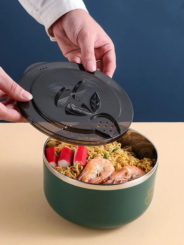 Ramen Bowl 304 Stainless Steel Noodle Bowl with Lid Heat Resistant Instant Noodles Bowls Cooker Tableware Kitchen Accessorie