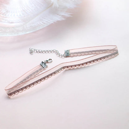 Fashion Women's Choker Necklace Lovely Gothic Pink Lace Pearl Pendant Elastic Short Clavicle Necklace Jewelry Gift For Girls