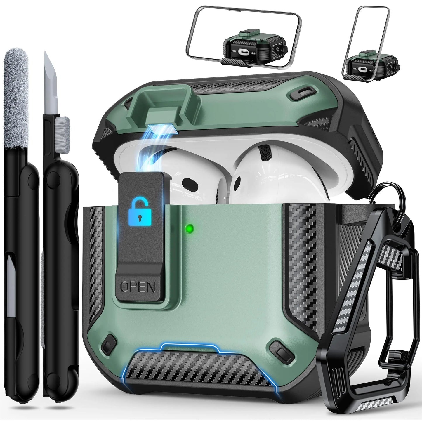 For AirPods 4 Generation Case Cover with Phone Holder Shockproof Hard Shell Protective Case with Cleaner Kt for AirPods Pro/Pro2