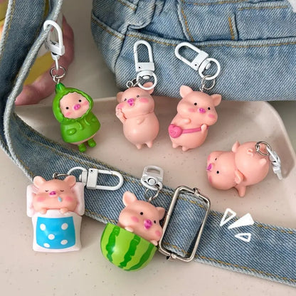Funny Three-Dimensional Kawaii Pig Keychain Waterme Rain Coat Animal Shape Keychain Sleeping Mobile Phone Bag Pendant