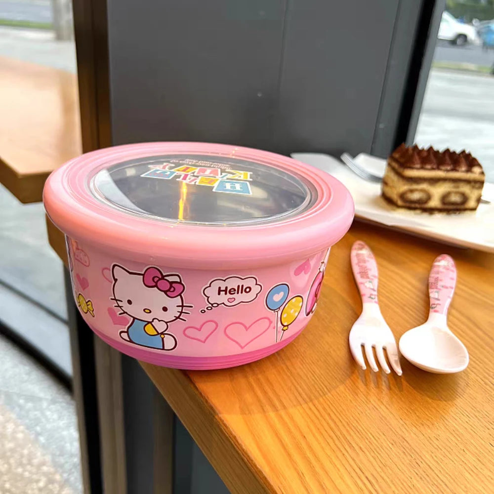 Anime Sanrio Hello Kitty Stainless Steel With Lid Ramen Bowl Student Dormitory Fruit Salad Rice Soup Bowl Kitchen Tableware