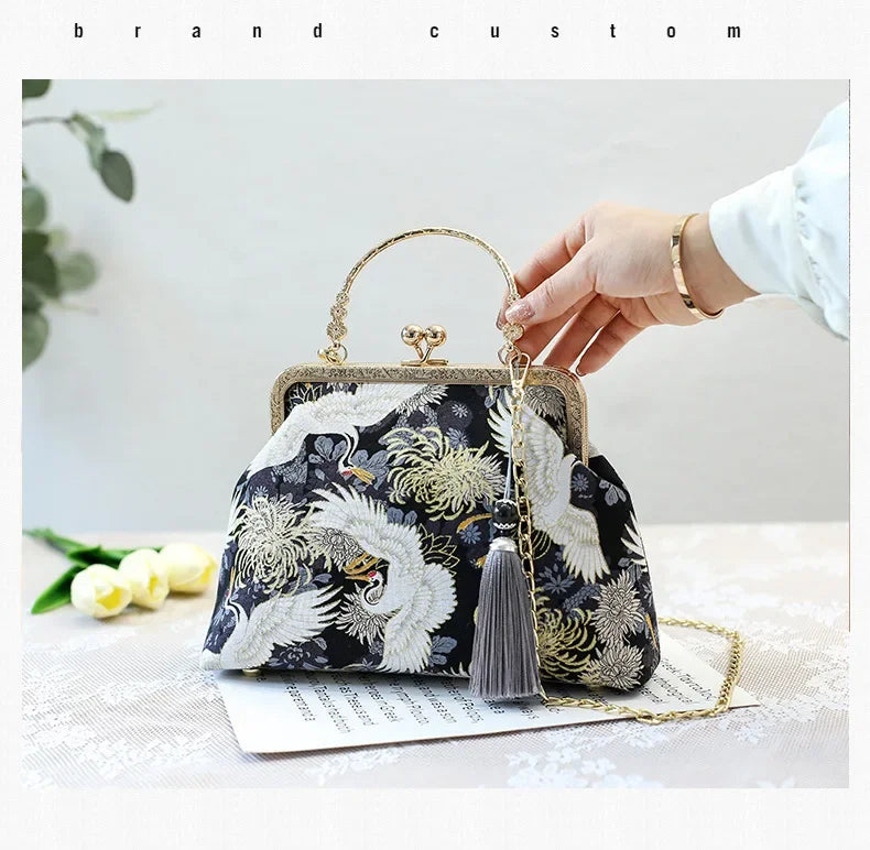 Fashion Vintage Fringe Bag Small Shell Bags Chain Women Shoulder Crossbody Bag Crane Flying Women's Handbags Purses Embroidery