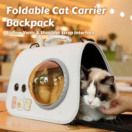 Foldable Cat Carrier Backpack – Cute Cartoon Design with Airflow Vents & Shoulder Strap Interface,  Pet Travel Bag for Cats