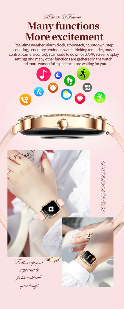 New Fashion Women Smart Watch 1.75inch Curved Screen Sports Bracelet BT HD Calling Clock IP68 Waterproof Diamond Case Smartwatch
