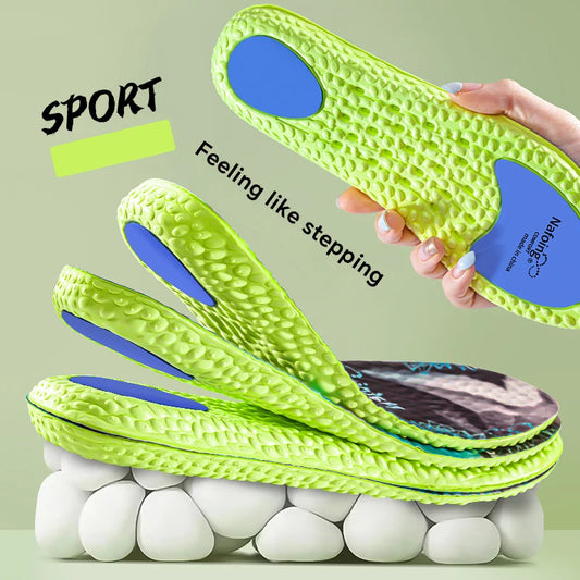 A pair of blue 4D soft fabric sports insoles - super breathable, high impact shock-absorbing air cushion