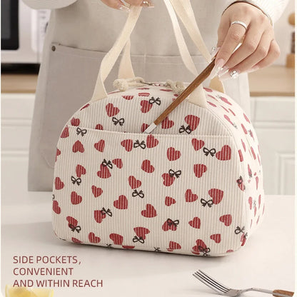 Portable Corduroy Lunch Bags Thermal Insulation Lunch Box Cute Print Women Lunch Storage Bag Picnic Bento Large Capacity Handbag