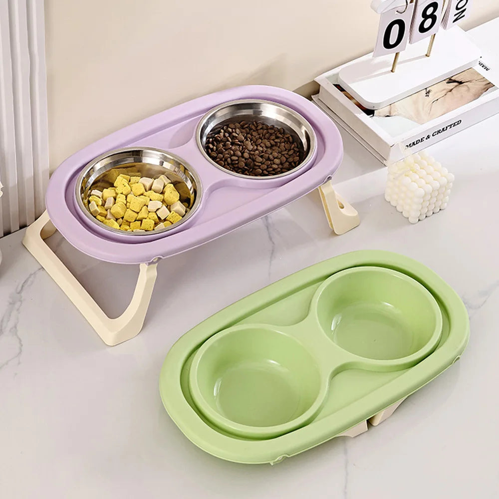 Pet Bowl Double Bowl: Elevated Foldable Design for Cats & Dogs, Anti-Spill, Large Capacity, Cat Food Bowl Dog Feeding Plate