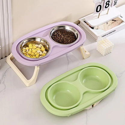 Pet Bowl Double Bowl: Elevated Foldable Design for Cats & Dogs, Anti-Spill, Large Capacity, Cat Food Bowl Dog Feeding Plate