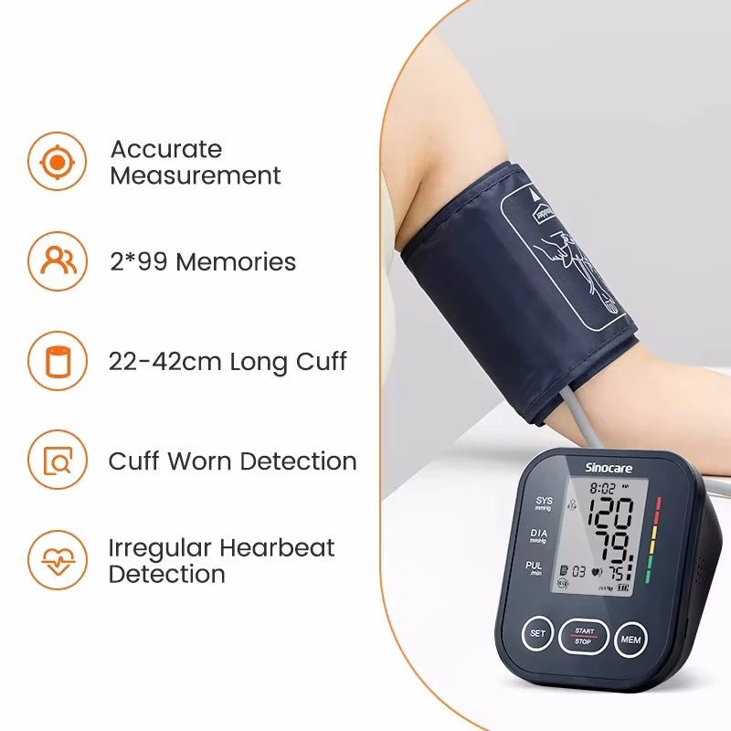 Sinocare Blood Pressure Monitor Digital Tonometer Upper Arm Blood Pressure Meter Automatic BP Medical Sphygmomanometer Pulse