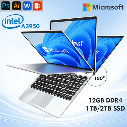 Xiaman Laptop Computer Windows 11 Pro Intel Atom A3950 Quad-Core 2025 Notebook PC 12GB RAM 1TB 2TB SSD 1920*1080 Office Computer