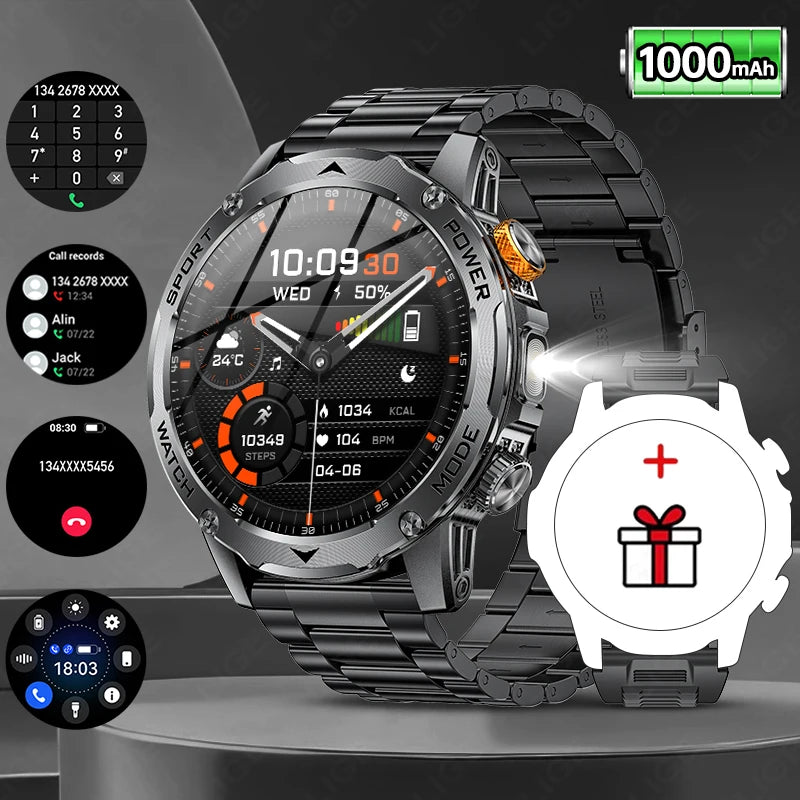 LIGE New Military Outdoor Sport Smart Watch Men Flashlight IP68 Waterproof 1.7" HD Wireless Call Smartwatch 1000mAh Big Battery