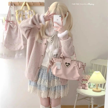 Sweet Bow Lolita Pink Hand Bag Purse Women Harajuku Love Heart Soft Crossbody Bag Lady Kawaii Large Capacity Shoulder Bag Female