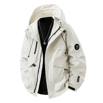 Men’s Hooded Outdoor Windbreaker Jacket Windproof Coats Warm Tactical Coat with Multi Pockets for Hiking Camping Travel Autumn