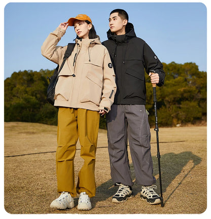 Men’s Hooded Outdoor Windbreaker Jacket Windproof Coats Warm Tactical Coat with Multi Pockets for Hiking Camping Travel Autumn