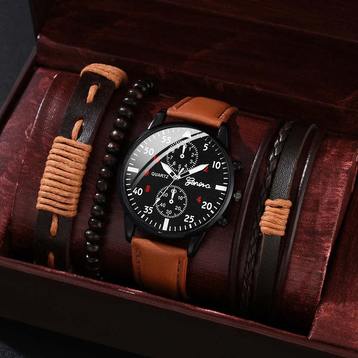 4/2/1pcs Men Sports Watches Set Man Business Quartz Wristwatch Luxury Brown Leather Bracelet Men Casual Clock Watch（NO Box）
