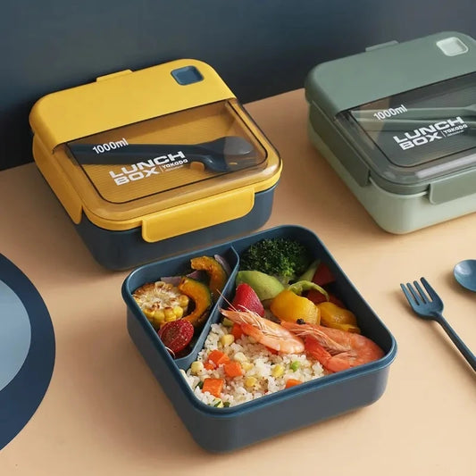 Portable Lunch Box Grid Children Student Office Bento Box with Fork Spoon Leakproof Microwavable Prevent School Food Storage Box