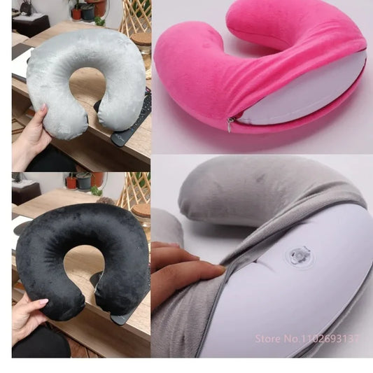 1PC U-shaped Travel Pillow Portable Lazy Inflatable Neck Cervical Support Short Plush Office Sleep Essentials