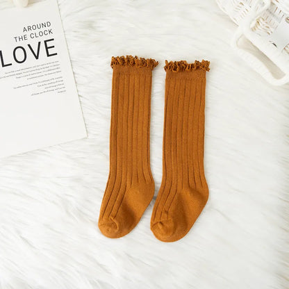 Ruffle Kids Knee High Socks Baby Girls Toddlers Long Soft Cotton Sock Lace Flower Children School Uniform Socks For 0-8 Years