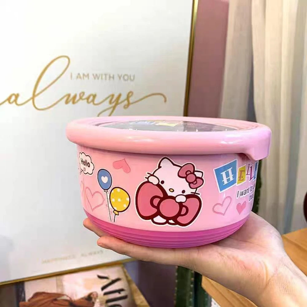 Anime Sanrio Hello Kitty Stainless Steel With Lid Ramen Bowl Student Dormitory Fruit Salad Rice Soup Bowl Kitchen Tableware