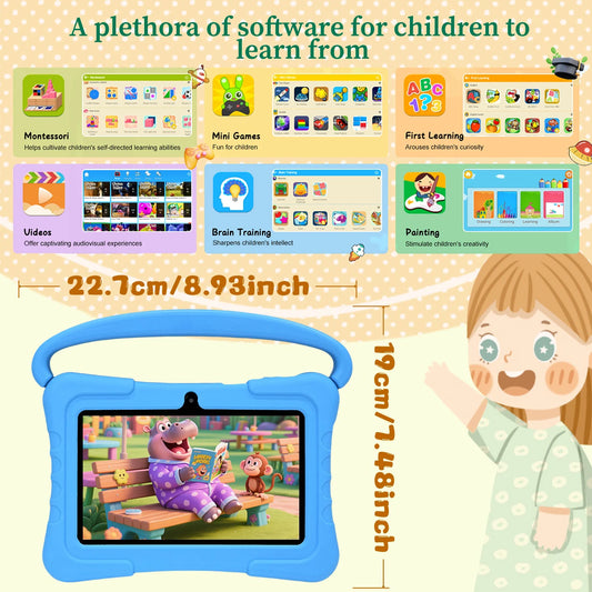 Kids Tablet 7 Inch, Android 12 Quad Core, 2GB RAM+32GB ROM, 3000mAh, Dual Camera, WiFi, Parental Contro