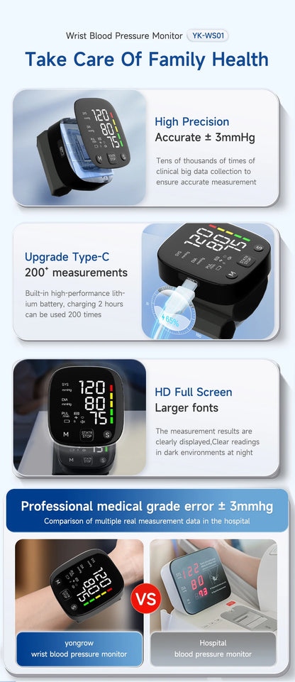 Yongrow Rechargeable Digital Wrist Blood Pressure Monitor Sphygmomanometer Tonometer Tensiometer Heart Rate Meter BP Monitor