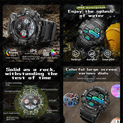 2025 Rugged Sport Smart Watch Bluetooth Calls Colorful Waterproof Military Smartwatches with Flashlight SOS COMPASS for Phone