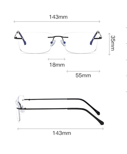 Men's Anti Blue Light Blocking Reading Glasses Cut Frameless Metal HD Lens Eyewear Women Prescription Presbyopic Glasses +400