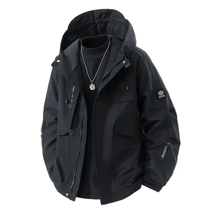 Men’s Hooded Outdoor Windbreaker Jacket Windproof Coats Warm Tactical Coat with Multi Pockets for Hiking Camping Travel Autumn