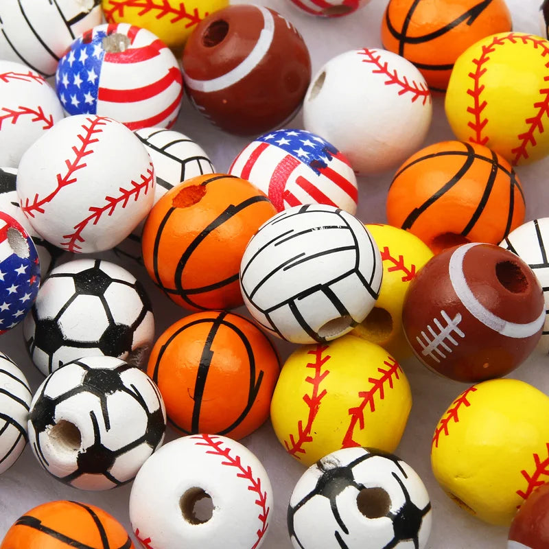 10pcs 16mm Basketball Baseball Spacer Beads Round Ball Wooden Beads For Making Bracelet Necklace DIY Jewelry Supplies