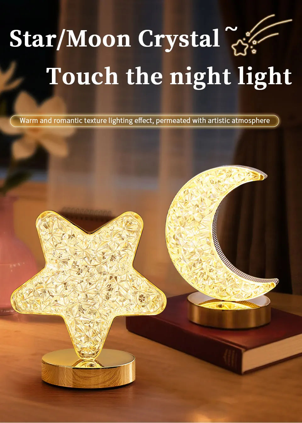 Moon Star Led Night Light Rechargeable Crystal Table Lamp Touch Switch Dimmable Ramadan Room Decor Ambient 3D Moon Lamp Eid Gift