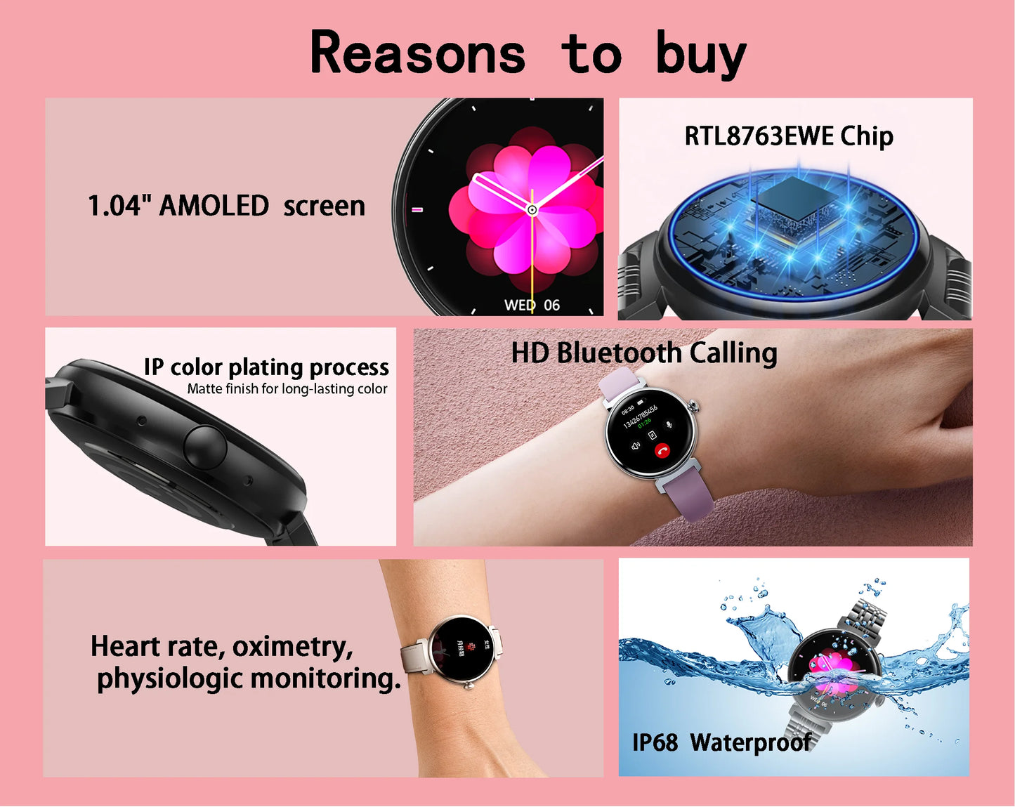 Rainbuvvy DM70 Steel Smart Watch AMLED Women Beautiful Wristwatch Supports IP68 BT Calling Sports Watch