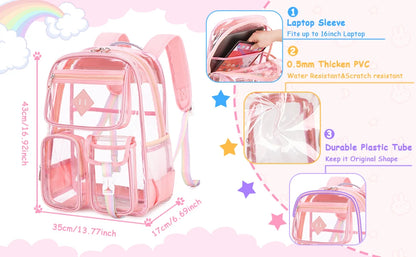 Clear Backpack for School,Heavy Duty PVC Transparent Bookbag for Girls Stadium Approved See Through Backpack