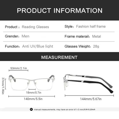 Men's Half-frame Business Reading Glasses Anti-blue Light Anti-fatigue Metal Frame Presbyopia Glasses +1.0 To +4.0