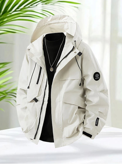 Men’s Hooded Outdoor Windbreaker Jacket Windproof Coats Warm Tactical Coat with Multi Pockets for Hiking Camping Travel Autumn