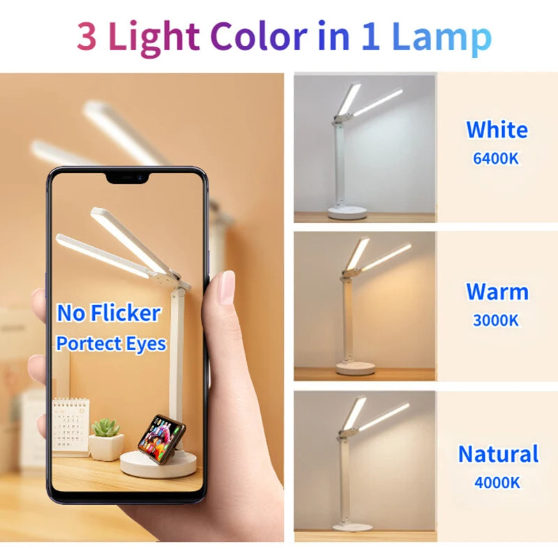 LED Table Lamp USB Chargeable Dimmable Clock Desk Lamps 2 Heads 180 Rotate Foldable Eye Protection Desktop Reading Night Lights