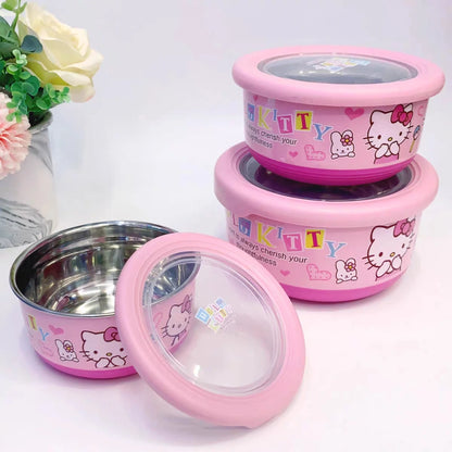 Anime Sanrio Hello Kitty Stainless Steel With Lid Ramen Bowl Student Dormitory Fruit Salad Rice Soup Bowl Kitchen Tableware
