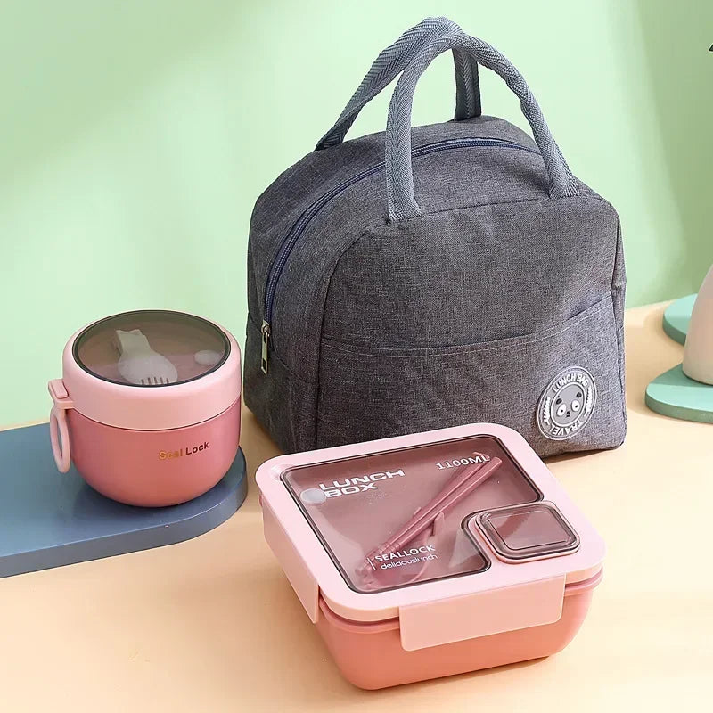 850/1100ml Portable Lunch Box Outdoor Picnic Bento Box with Soup Bowl Tableware Thermal Bag Microwavable Heating Meal Box